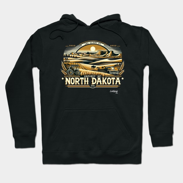 Badlands & Bounty: North Dakota's Reveri - American Vintage Retro style USA State Hoodie by LollipopINC